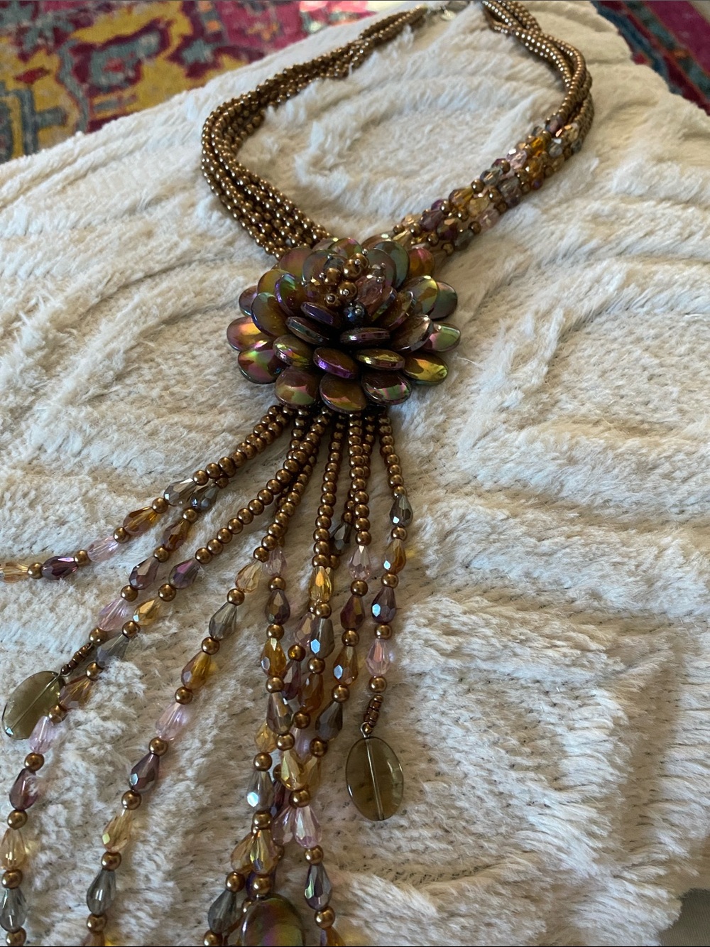 Joan Rivers Iridescent Brown Floral Beaded Tassel Necklace